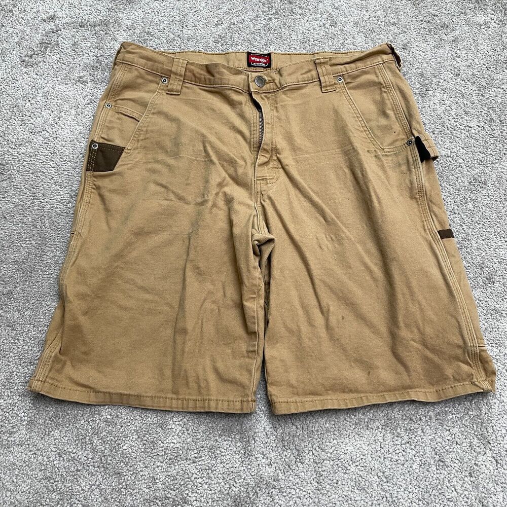 Wrangler Workwear Rugged Shorts Mens 34 Brown Flat Front Canvas Cotton Casual